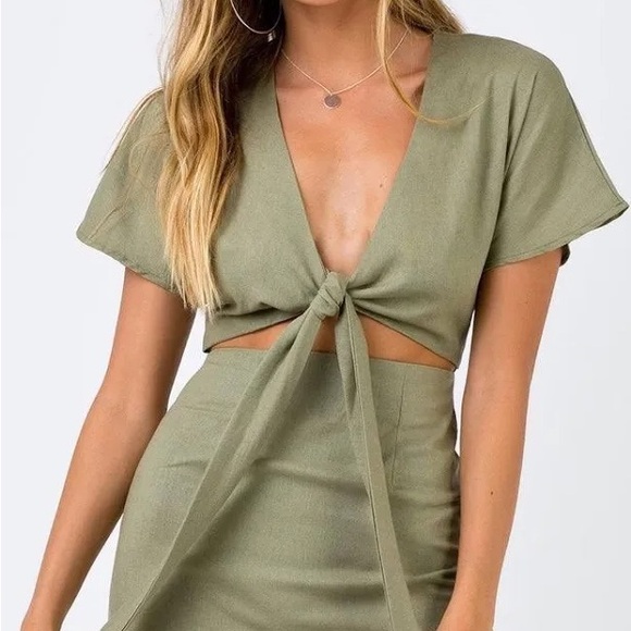 Princess Polly Dresses & Skirts - Princess Polly Kiss Land Tie Front Mini Dress Khaki, Size 4